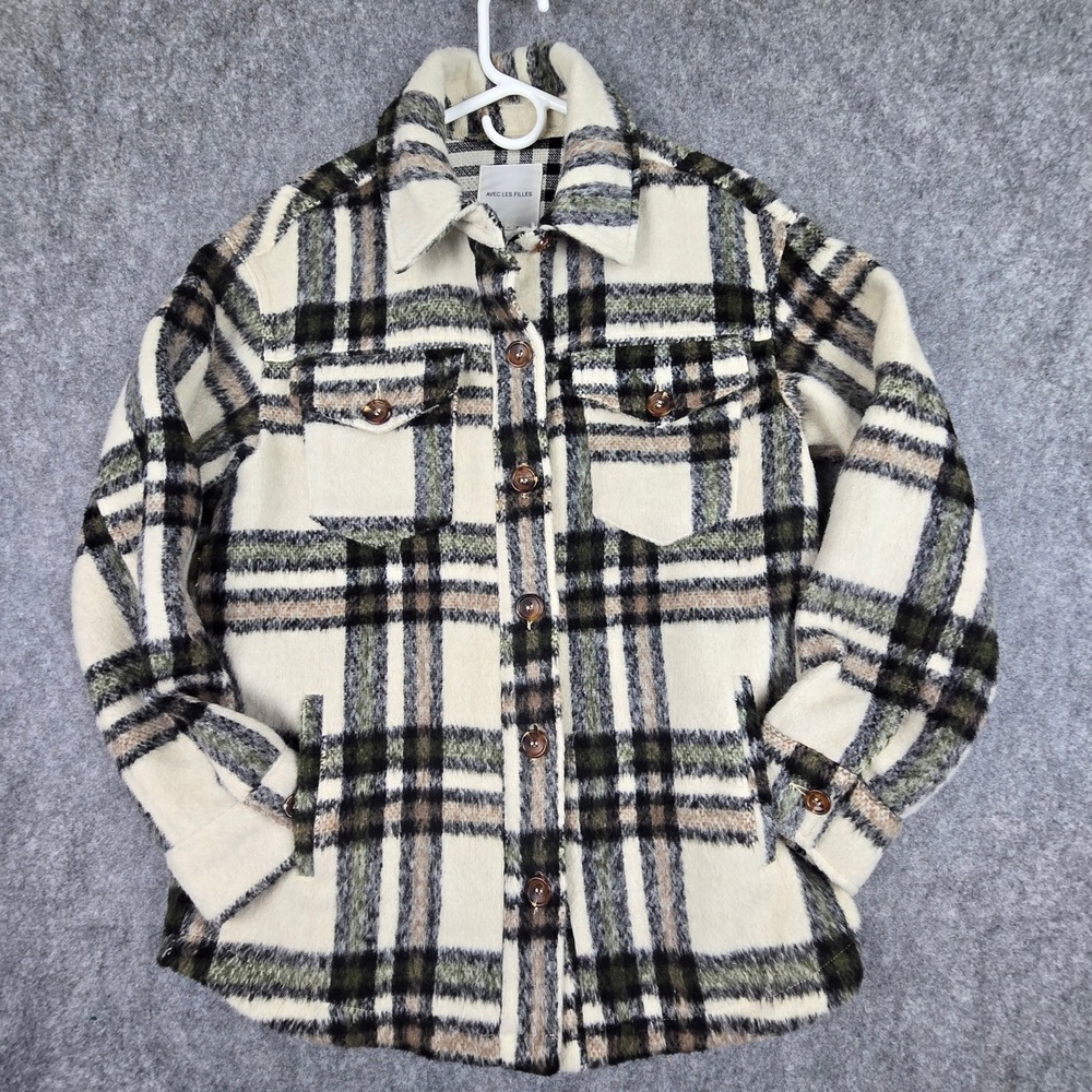 Avec Les Filles Shacket Womens Small Cream Plaid Oversized Button Front Jacket